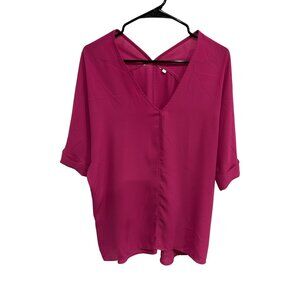 Womens Fuschia V-Neck Blouse Back Detail 3/4 Sleeve Size M Barbiecore Coastal